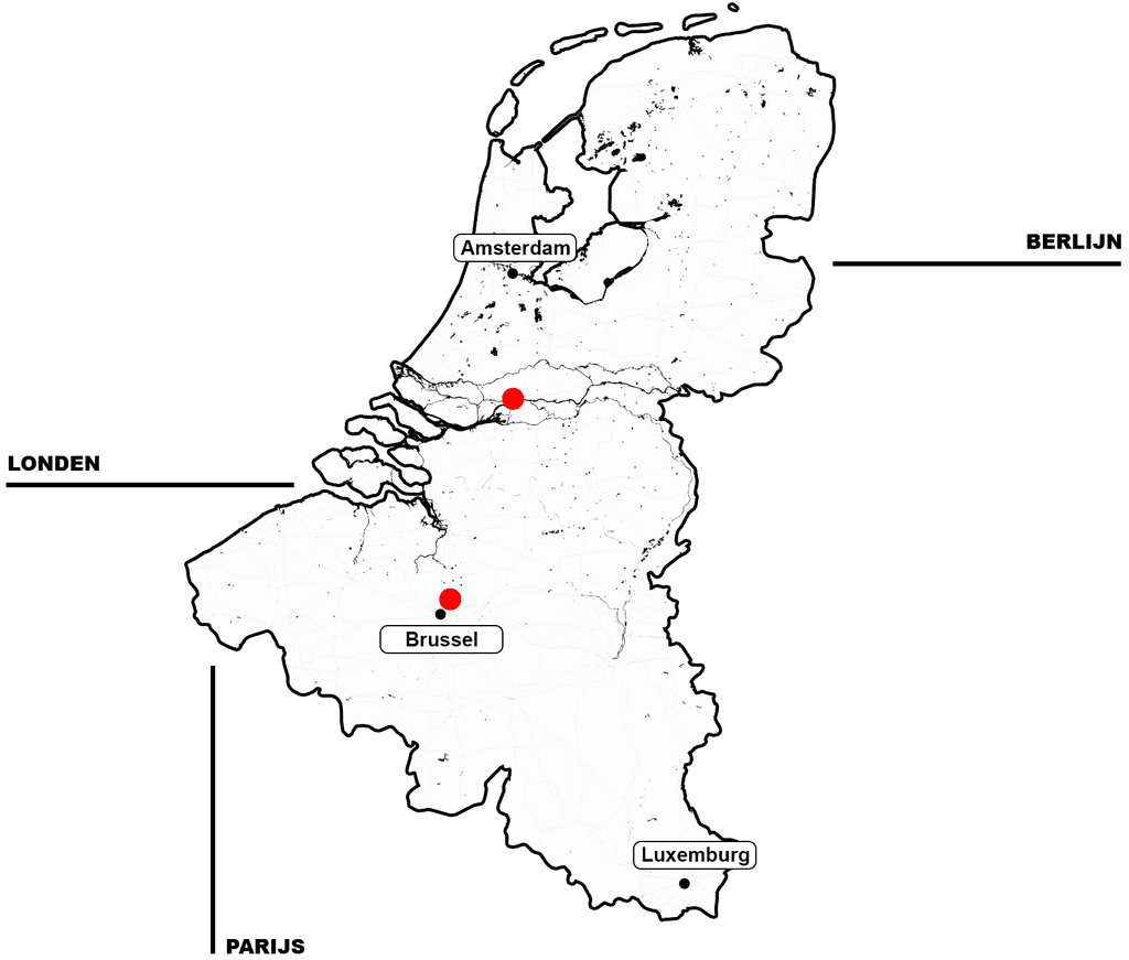 Kaart van de Benelux met de vestigingen van Jadrimex: Gorinchem (Nederland) en Grimbergen bij Brussel (België)