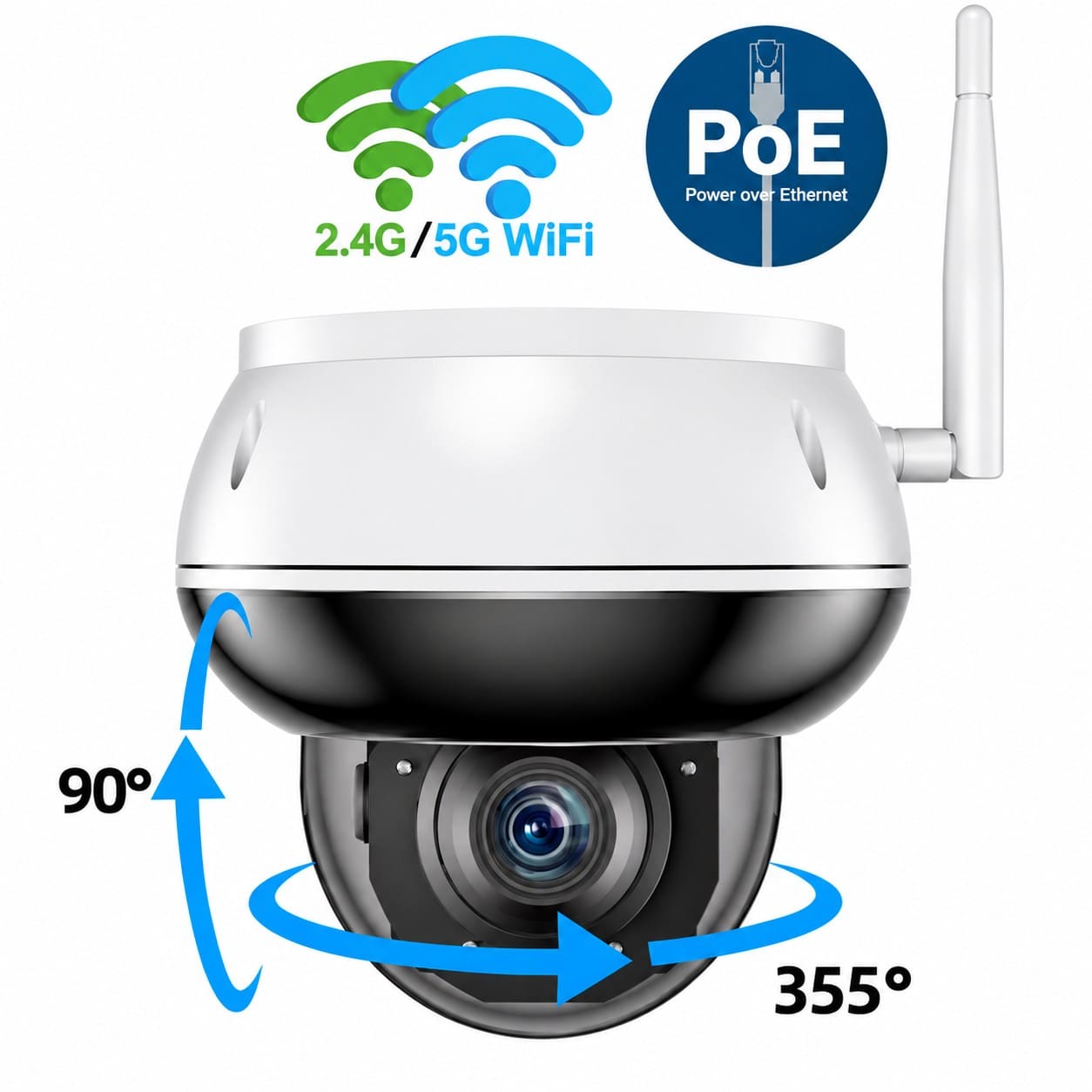 Caméra PTZ intelligente PL830 : rotation de 355 degrés et inclinaison de 90 degrés, avec Wi-Fi 2,4 et 5 GHz et PoE
