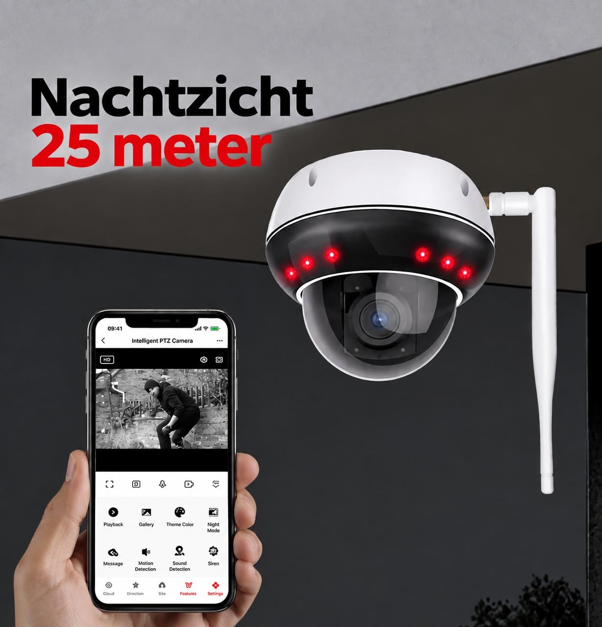 Vision nocturne jusqu'à 25 mètres, avec l'image en direct dans la Jadrimex Smart App