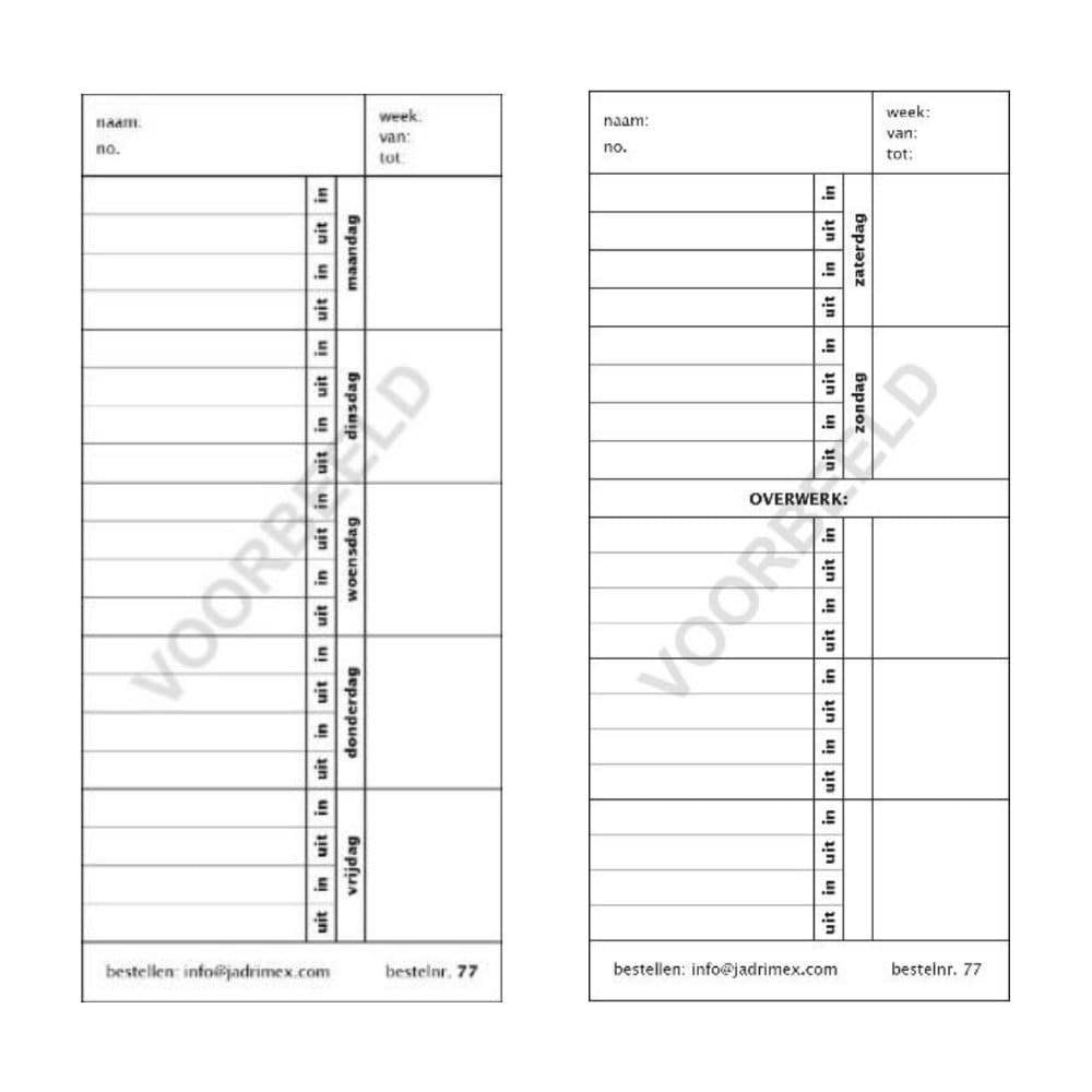 Carte de pointage hebdomadaire | Numéro de commande 77